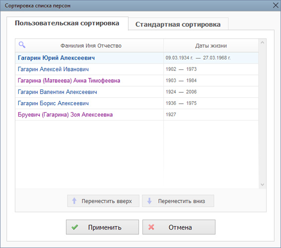 Пользовательская сортировка списка персон