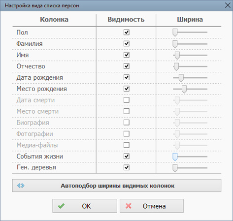 Окно настройки вида списка персон